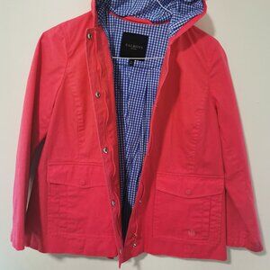 Talbots Rain Jacket Women Sp Hooded Salmon Coral Pink Blue Gingham Lined Hood